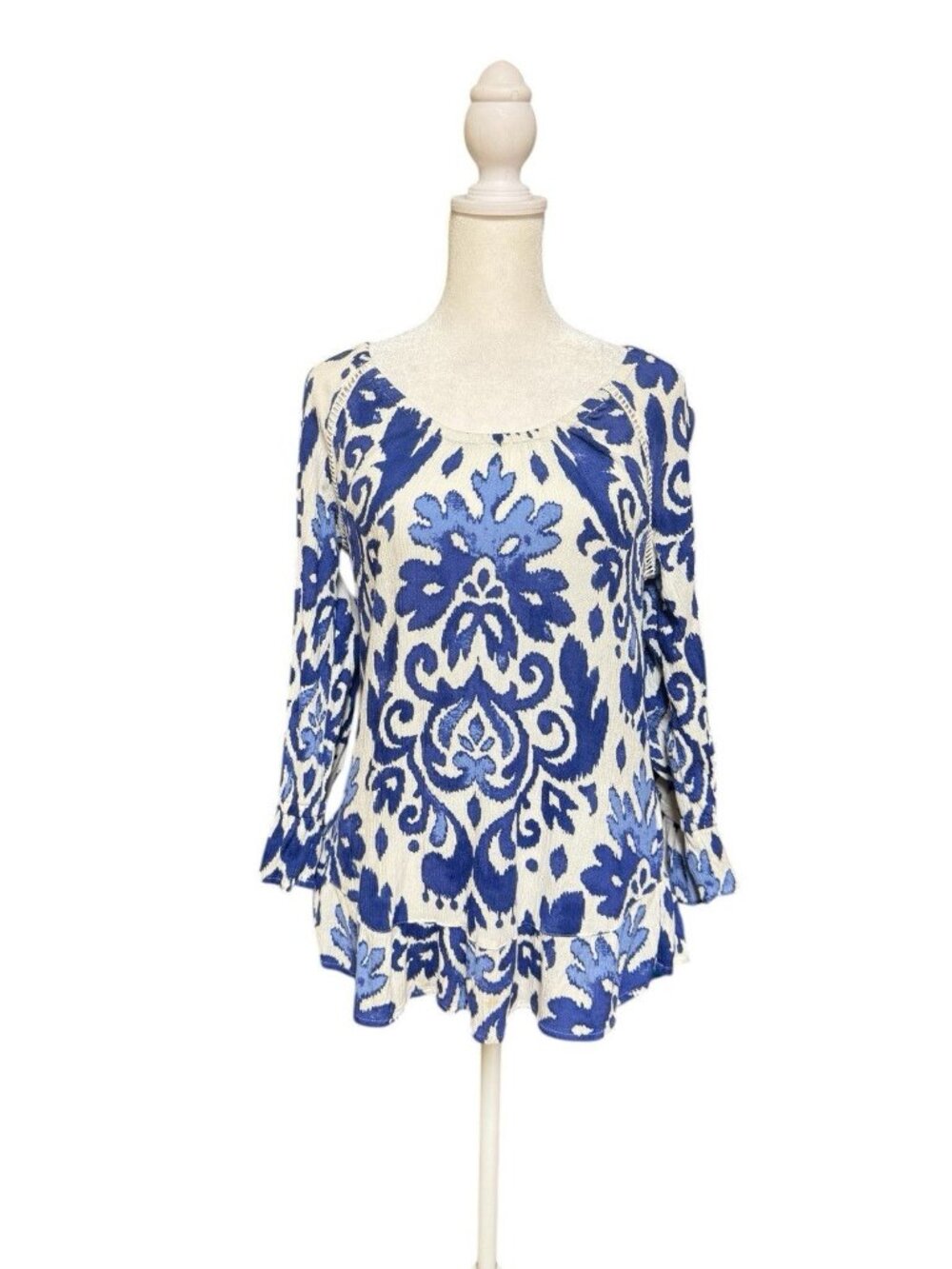 INC International Concepts Blue White Boho Peasant Top Women’s Size M